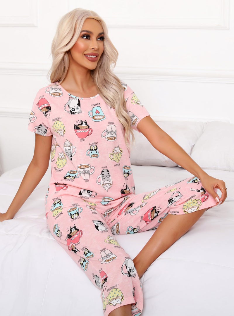 PNAEONG Womenâ€™s Pajama Set - Sleepwear Tops with Capri Pants Casual and Fun Prints Pajama Sets SY215-Cup Cats-S - Image 4